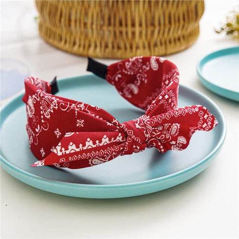 Paisley Print Wide Bow Headbands for Women, Cute Knot Hair Accessories (Style 1: Red, White, Navy, Black)
