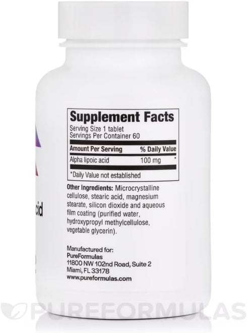 PureFormulas Alpha Lipoic Acid 100 mg ALA Supplement for Liver Support, Antioxidants, 60 Tablets