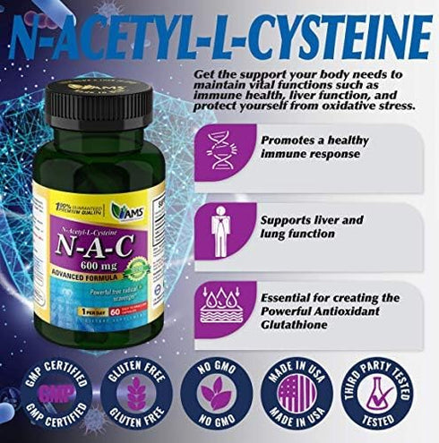 America Medic & Science NAC 600mg, 60 Capsules, NAC Supplement for Lung & Immune Support