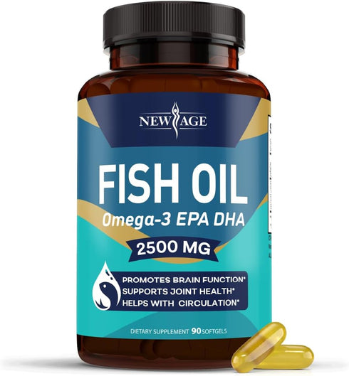 NEW AGE Omega 3 Fish Oil 2500mg Supplement, 90 Softgels - Immune & Health Support, Non-GMO, EPA, DHA