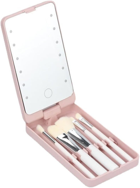 Portable Makeup Mirror with 5 Makeup Brushes, Travel Case Storage Box, LED Rechargeable Makeup Mirror, Pink