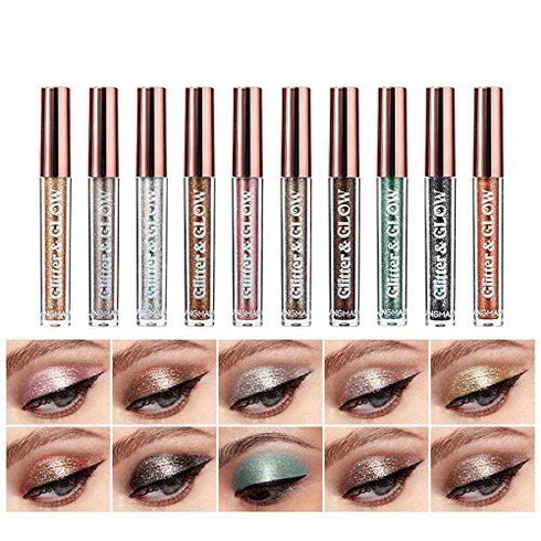 LANGMANNI 10 Pcs Liquid Glitter Eyeshadow Makeup Set, Metallic Shimmer Glitter, Sweatproof Highly Pigmented Blending