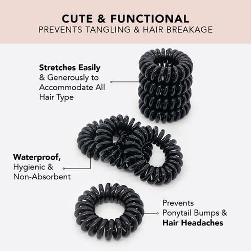 Kitsch Spiral Ponytail Holders for Women - Waterproof Hair Ties for Teens, Stylish Phone Cord Ties & Coils, 8 Pcs, Black
