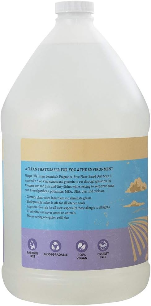 Ginger Lily Farms Botanicals Plant-Based Liquid Dish Soap, Fragrance-Free, 1 Gallon Refill (128 Fl. Oz.)