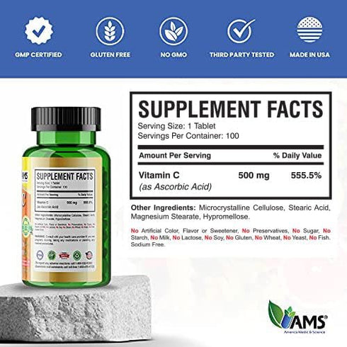 America Medic & Science Rapid-C 500mg Vitamin C Supplement (2 Pack of 100 Tablets) - Daily Immune System Support