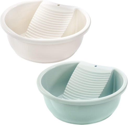 SOUJOY 2 Pack Washboard Basin: Plastic Non-Slip Washtub with Integrated Washboard for Hand Washing Clothes.