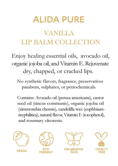 Vegan Vanilla Lip Balm Collection, 3 Tube Set with Organic Jojoba, Avocado Oil, and Vitamin E for Chapped Lips