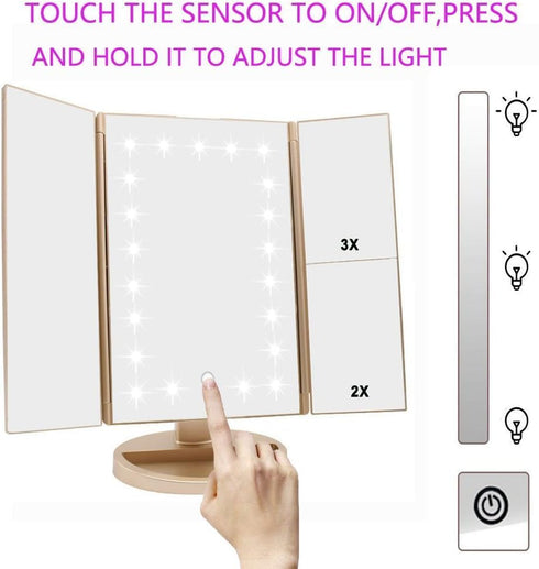Tri-fold Lighted Vanity Makeup Mirror, 21 LEDs, 3x/2x/1x Magnification, Touch Screen, 180 Degree Rotation (Gold)