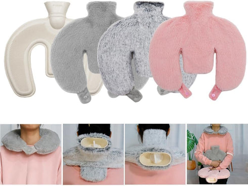 Sepnefi Bottle,1L U Shaped Hot Water Bottle, Neck and Shoulder Hot Water Hot Water Bag with Detachable Cover Soft Plush