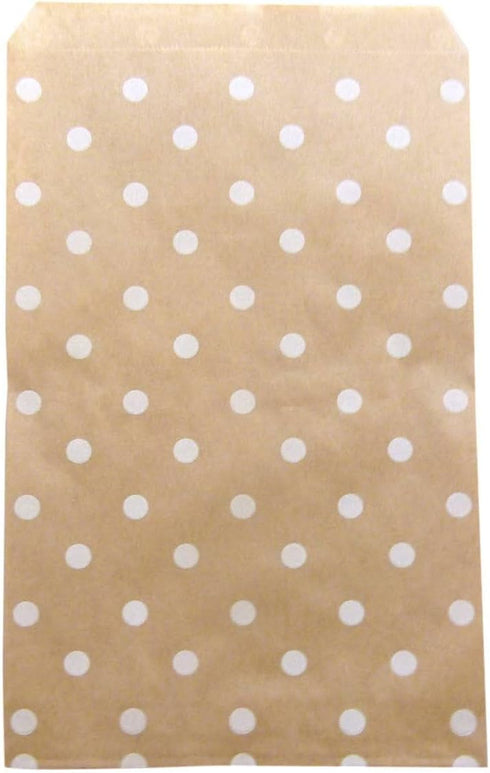 N'icePackaging 20 Qty 4" x 6" Decorative Flat Paper Gift Bags, White Polka-Dot on Brown Kraft Bags