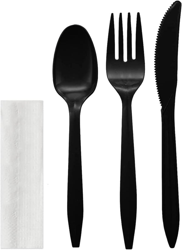Party Favors Plus Individually Wrapped Plastic Cutlery Set, Black, 25 Packets with Fork, Spoon, Knife