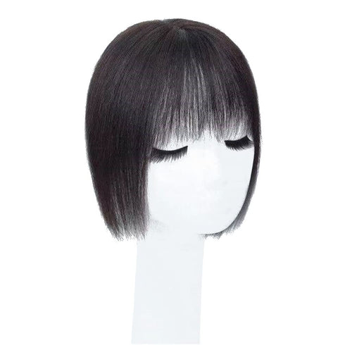Middle Part Silk Base Human Hair Topper - 7x10cm Clip in Hairpiece with Wispy Fringe, Off Black
