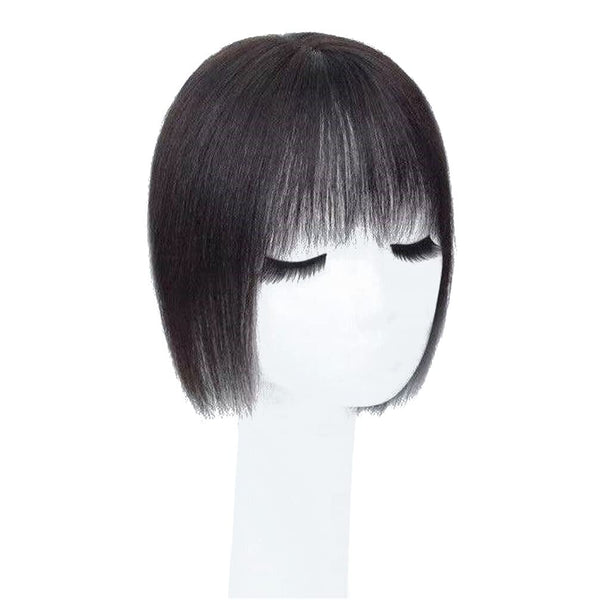 Middle Part Silk Base Human Hair Topper - 7x10cm Clip in Hairpiece with Wispy Fringe, Off Black