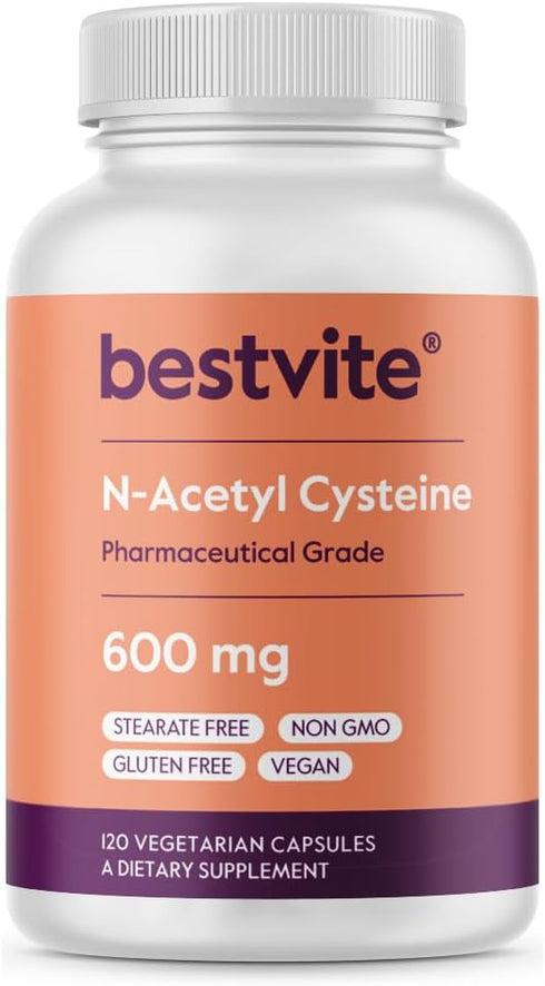 BESTVITE N-Acetyl Cysteine 600mg (NAC) - 120 Vegetarian Capsules - Vegan, Gluten Free, No Fillers