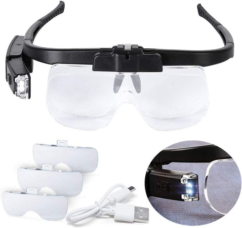 Magnifying Glass with LED Light - USB Rechargeable Head Magnifier Glasses for Crafts, 3 Replacement Lenses