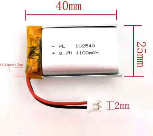 3.7V Li Lipo Lithium Polymer Ion Battery Pack, 1100mAH with 2 Pin JST Connector (102540)