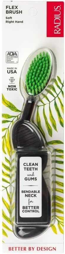 RADIUS Toothbrush, Flex Brush, Soft Bristles, Right Handed, Black with Green Bristles, BPA Free & ADA Accepted