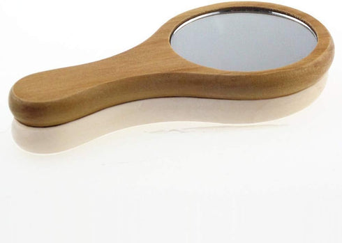 Mini Portable Wood Makeup Mirror, Handmade Round Cosmetic Mirror with Single Handle, 7.1x 13.5cm Size