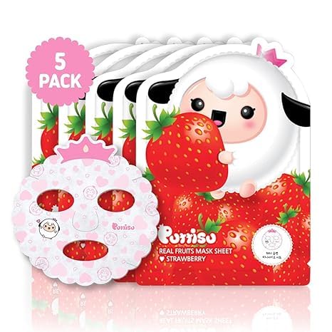 Real Fruit Facial Mask Sheet for Kids, Children - Made with 100% Cotton, Moisturize, Sooths and Hydrates Skin (Strawberry- Pack of 5)