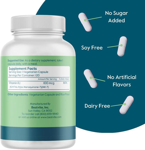 BESTVITE Vitamin K2 100 mcg as MK-7 w/Patented K2VITAL (120 Vegetarian Capsules) - No Stearates - Vegan - Non GMO - Gluten Free