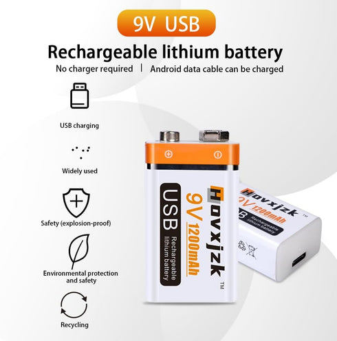 USB 9V Rechargeable Battery, USB Quick Charge in 1.5 Hours, High Capacity 1200mAh Square Lithium Batteries with Type C Port Cable (2-Packs)