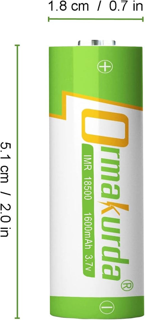 18500 Rechargeable Battery, IMR 18500 1600mAh 3.7V Li-ion with Button Top for Flashlight, Solar Garden Light