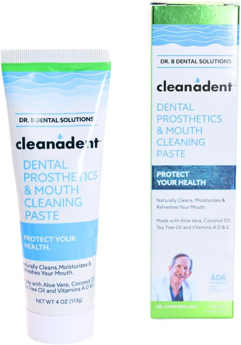 Dr. B Dental Solutions Cleanadent Denture and Gum Toothpaste, 4 oz - ADA Accepted, All-Natural for Odor and Stain