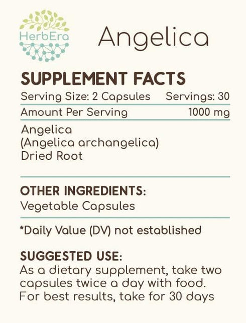 Angelica 60 Capsules, 500 mg Concentrated Liquid Drops of Natural Angelica (Angelica archangelica) Dried Root