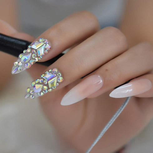 Luxury Fake Nails Designer Extra Long Ombre French Jewelry Pre-designed Nails with Natural Stiletto AB Stones