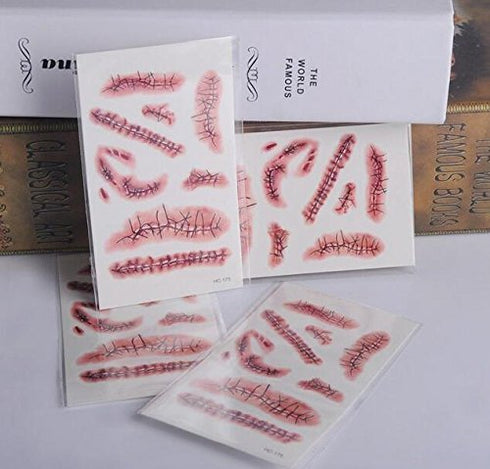 Tinuos Horror Realistic Fake Bloody Wound Stitch Scar Scab Temporary Tattoo Sticker for Halloween Masquerade