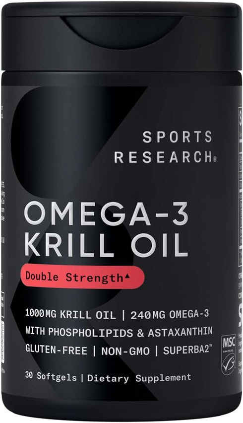 Sports Research Antarctic Krill Oil Omega 3 Softgels 1000mg (Double Strength) with Phospholipids, Choline & Astaxanthin