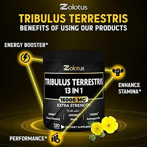 13in1 Tribulus Terrestris Capsules - 16000mg with Maca, Horny Goat Weed, Panax Ginseng & More, 120 Counts