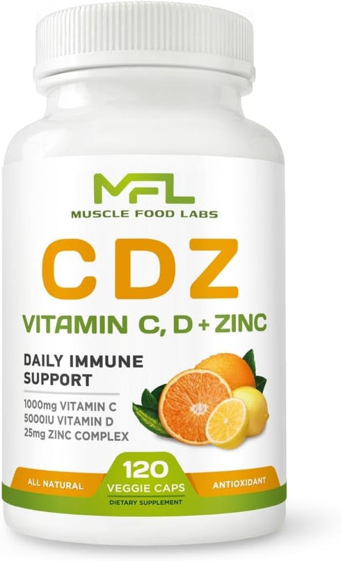 C D Z | Vitamin C, 1000mg | Vitamin D3, 125mcg | Zinc, 25mg | 120 Vegetarian Capsules, Non-GMO & Gluten Free