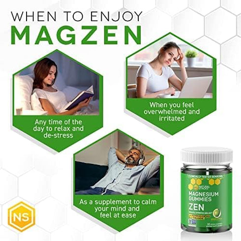 ZEN Magnesium Gummies - Premium Sensoril Ashwagandha Gummies with L-Theanine for Calm & Stress Support (30 Green Apple
