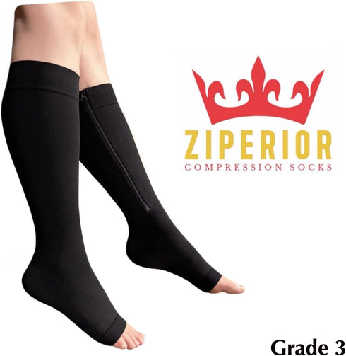 Ziperior 30-40 mmHg 3 Open Toe Inside Leg Calf Zipper Grade Compression Socks