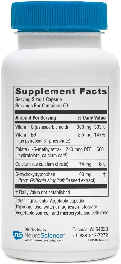 NeuroScience Serene Mood Support + Sleep Aid with 100mg 5-HTP, Vitamin B6, Folate + Calcium - 60 Capsules