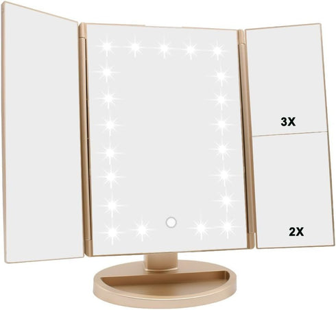 Tri-fold Lighted Vanity Makeup Mirror, 21 LEDs, 3x/2x/1x Magnification, Touch Screen, 180 Degree Rotation (Gold)