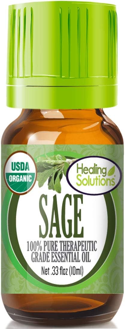 Healing Solutions Organic Sage Essential Oil, Pure & Undiluted 0.33 oz (10ml) for Hair and Aromatherapy