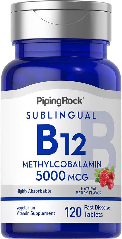 Piping Rock B12 Sublingual, Methylcobalamin, 5000 mcg, 120 Tablets, Berry Flavor, Vegetarian, Non-GMO, Gluten Free