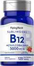 Piping Rock B12 Sublingual, Methylcobalamin, 5000 mcg, 120 Tablets, Berry Flavor, Vegetarian, Non-GMO, Gluten Free
