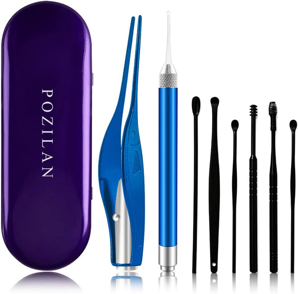 POZILAN Ear Picker Tweezers with LED Light, 8 Pack Ear Wax Removal Tool Cleaner Kit for Kids and Adults, Ear Cleaning