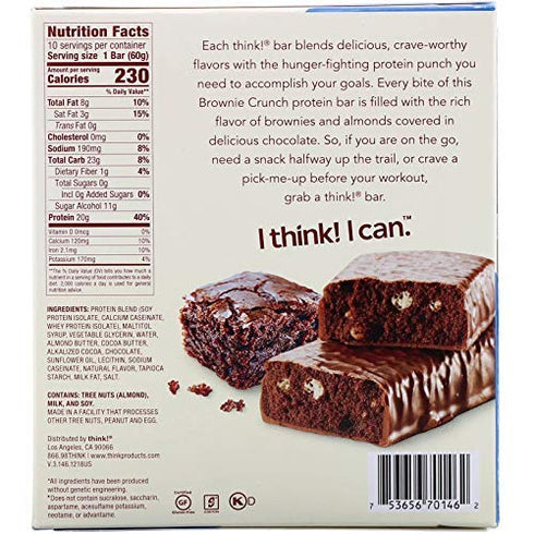think! Protein Bars, Brownie Crunch, High Protein Snacks, Gluten Free, 2.1 Oz, 10 Count