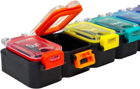 EZY DOSE Weekly Pill Planner - 7-Day Medicine Case, Waterproof Organizer Box with Locking Compartments, Rainbow