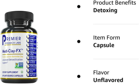 Premier Research Labs Medi-Clay-FX, 60 Capsules - Bentonite Clay for Detoxification, Food Grade Smectite Supplement