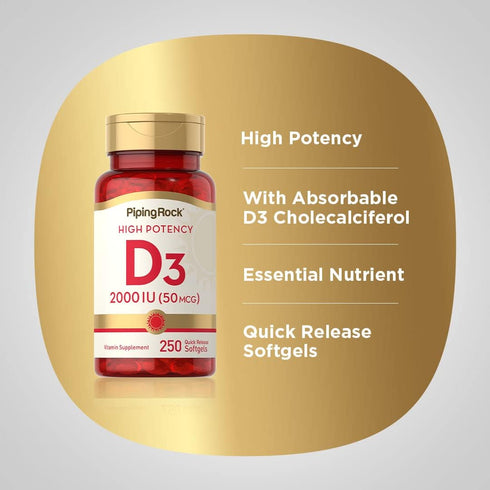 Piping Rock Vitamin D3 2000 IU | 250 Softgels | High Potency Cholecalciferol Supplement, Non-GMO & Gluten Free