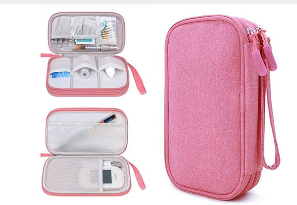 Double Layer Diabetic Supplies Storage Bag, Organizer for Glucose Meter, Insulin Pen, Test Strips, and More (Pink)