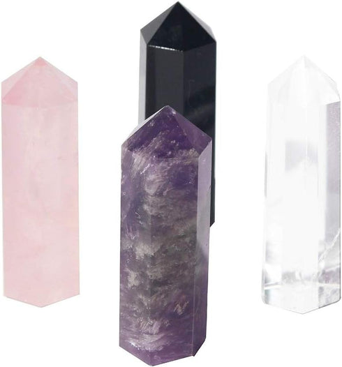 Metaphysical Healing Dowsing Stone Wands Towers Set of 4 - Amethyst, Rose Quartz, Rock Crystal, Black Tourmaline