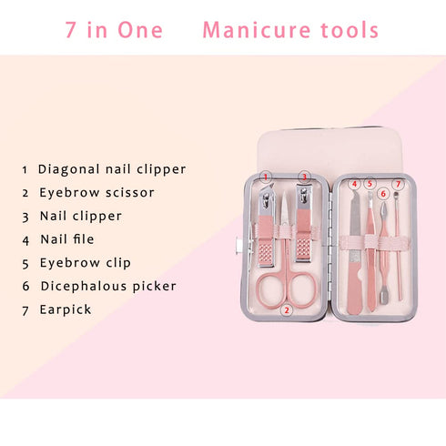 Pink Manicure Set, Portable Beauty Tool Kit with Nail Clipper, 7 in 1 Stainless Steel in Luxury Leather Case
