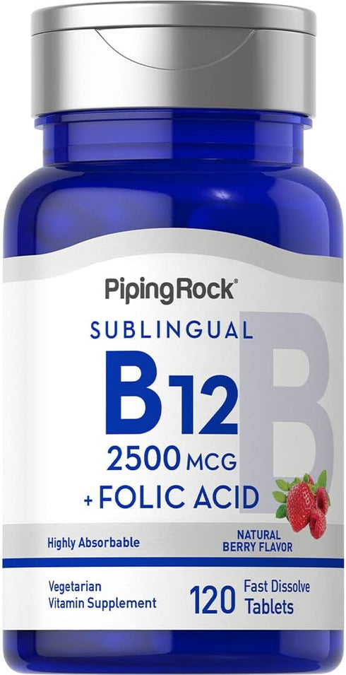 Piping Rock Vitamin B12 Sublingual, 2500 mcg, 120 Tablets, Berry Flavor, with Folic Acid, Vegetarian, Non-GMO, Gluten