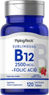 Piping Rock Vitamin B12 Sublingual, 2500 mcg, 120 Tablets, Berry Flavor, with Folic Acid, Vegetarian, Non-GMO, Gluten